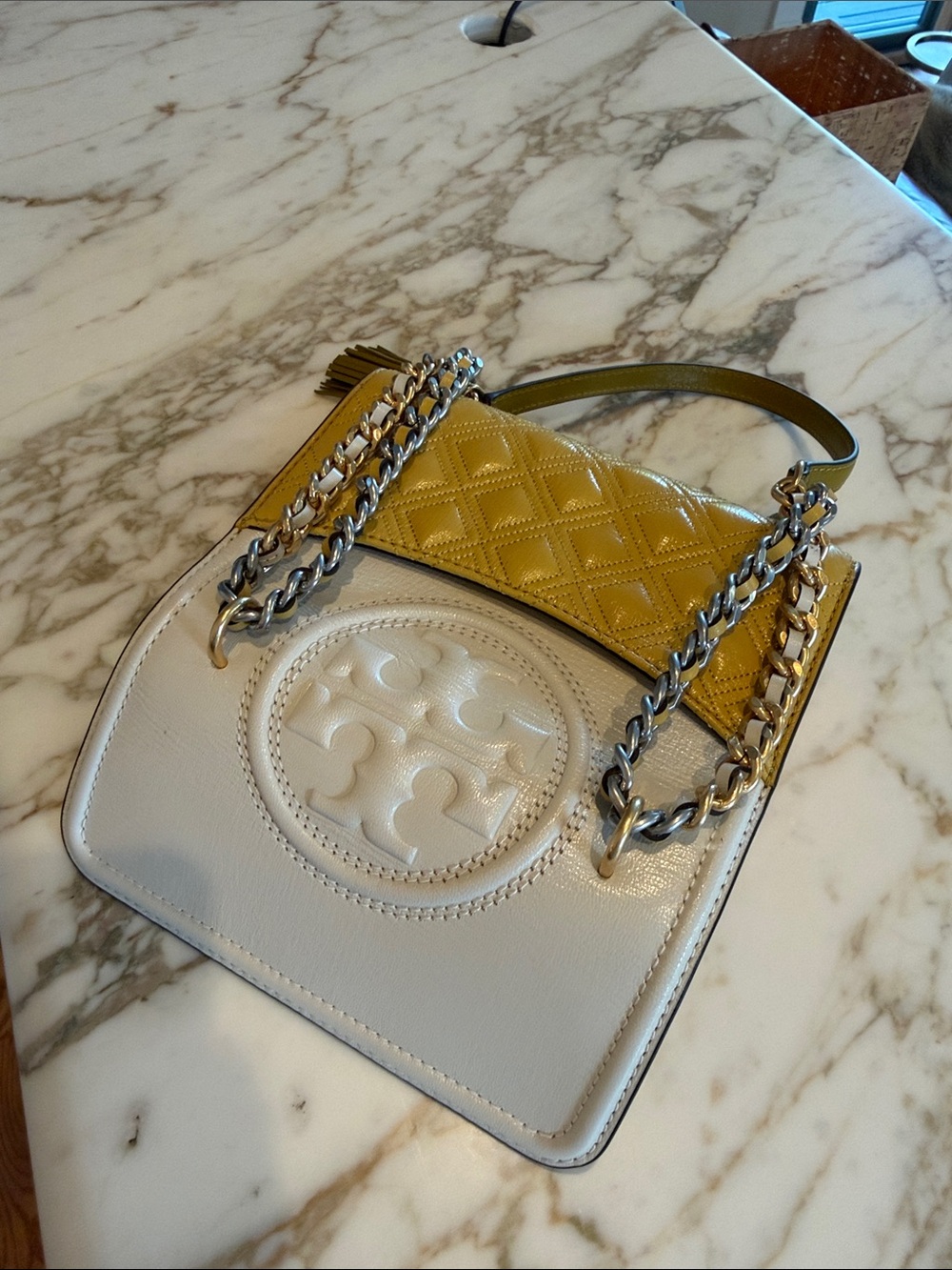 Tory Burch Cream and Yellow Fleming Shoulder/Crossbody Bag - Picture 5 of 9